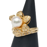 K18YG イエローゴールド アコヤパール8mm ダイヤ0.27ct 花 フラワー モチーフ リング 指輪 レディース 11号 【中古】